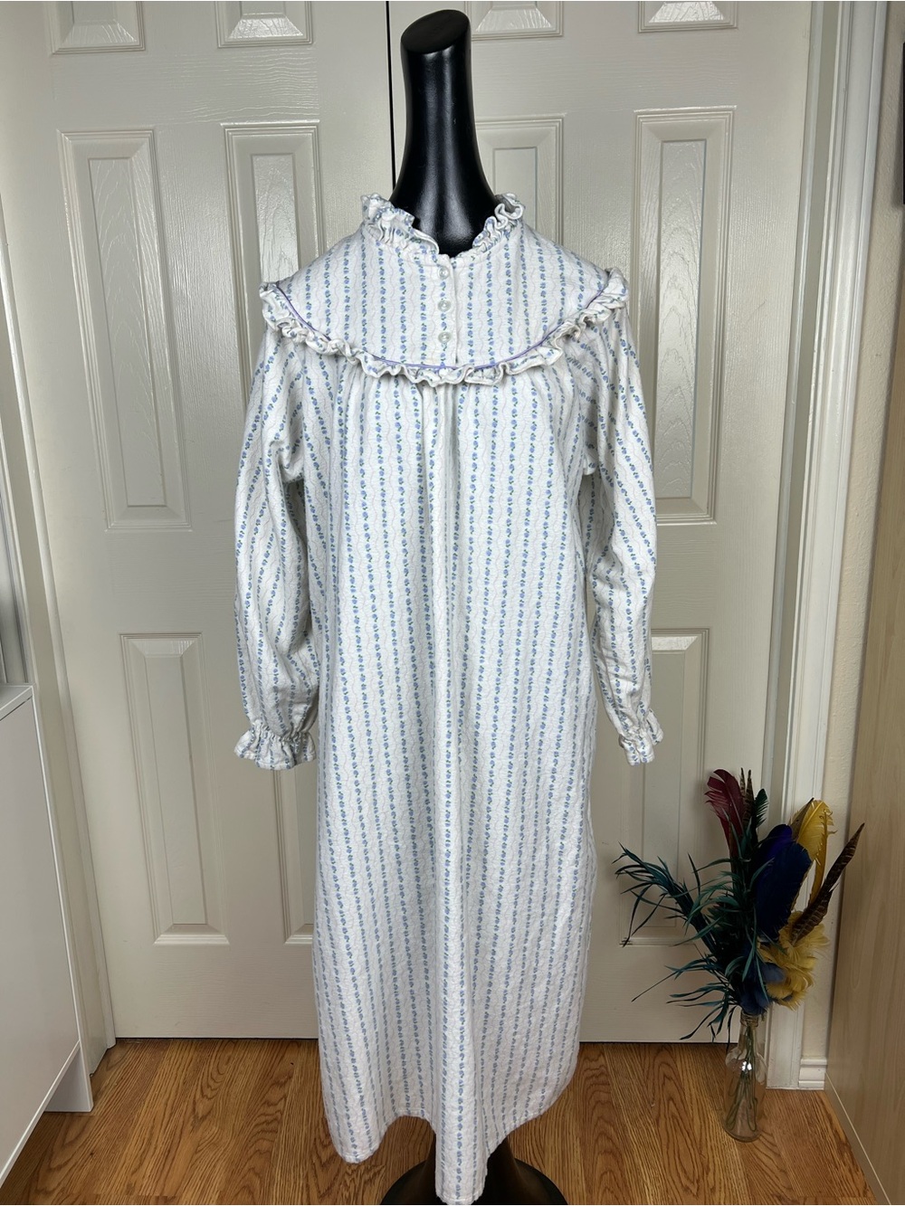 Vintage Partners Intimates White and Purple Ruffled Cotton flannel Nightgown